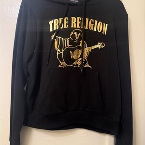 True Religion Black Hoodie with Gold Buddha Graphic